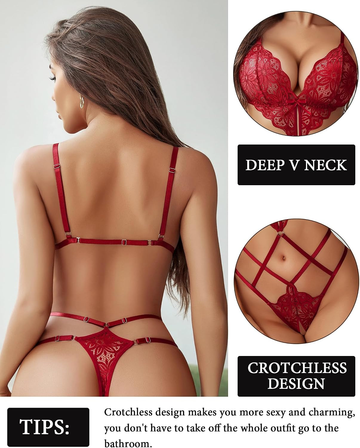 Women Lingeries Deep V Teddy Sexy Lace Bodysuit Cut Out Babydoll