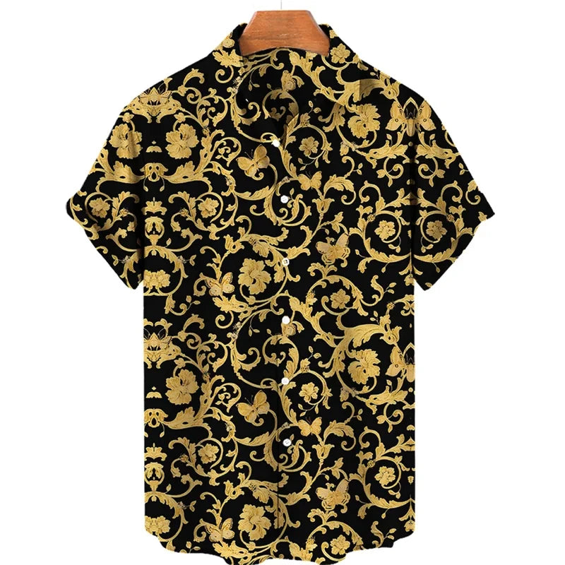 Luxury Baroque Style Shirt for Men Clothing 3D Printed Hawaiian Beach Shirts Short Sleeve Y2K Tops Vintage Lapel Man Clothes
