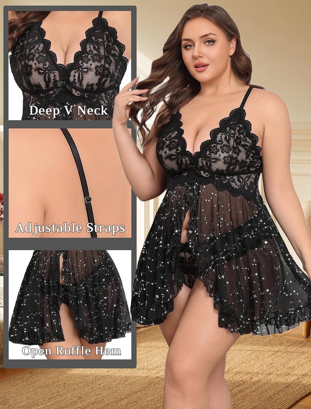 plus Size Lingerie for Women Sexy Open Front Lace Babydoll Dress | V-Neck Sleepwear,Sheer Mesh Lingerie Dress,Nightgown Thong 2 Piece,Chemise Strap Nightdress,Wedding for Bride,Valentines Day