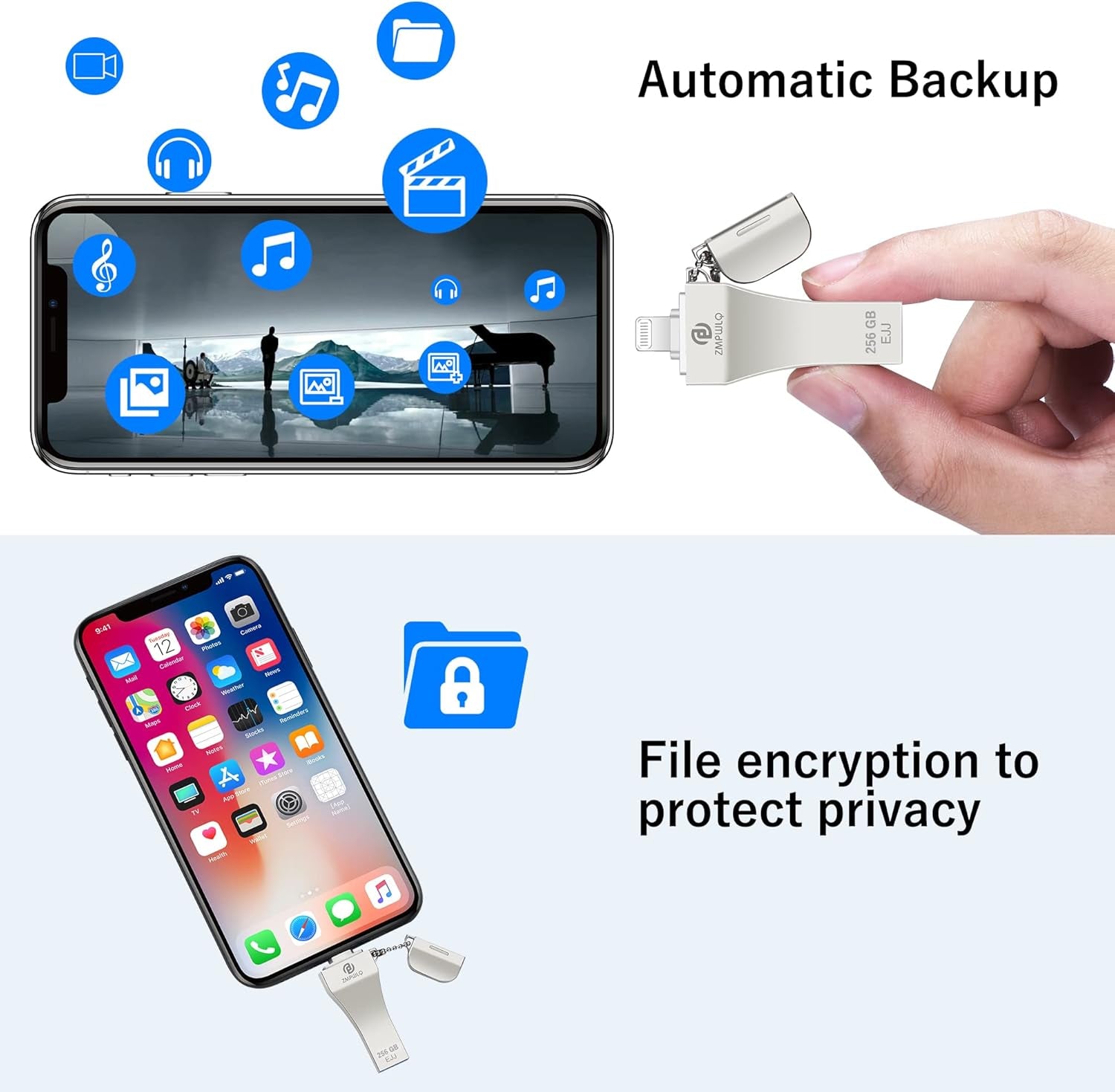 Photo-Stick for Iphone/Ipad 256GB - Apple Mfi Certified External Storage - USB Flash Drive for Backup & Transfer