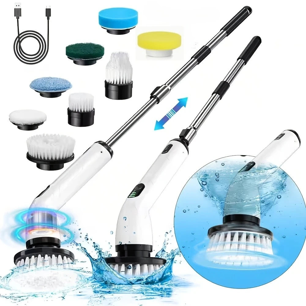9-In-1 USB Rechargeable Electric Cleaning Brush Telescopic Handle 8 Brush Heads Multi-Surface Cleaner for Home Car