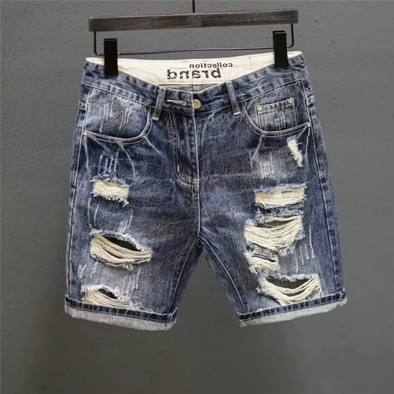 Fashion Vintage Korean Men'S Summer Denim Shorts with Distressed Holes Slim Fit Distressed Holes Designer Luxury Clothing Men