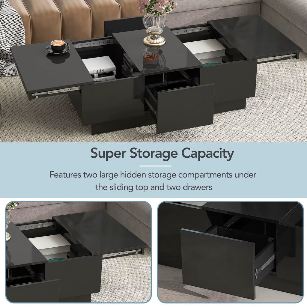 ON-TREND Coffee Table 2 Large Hidden Storage Compartments Extendable Design 2 Drawers High-Gloss Sliding Top Living Room Sets