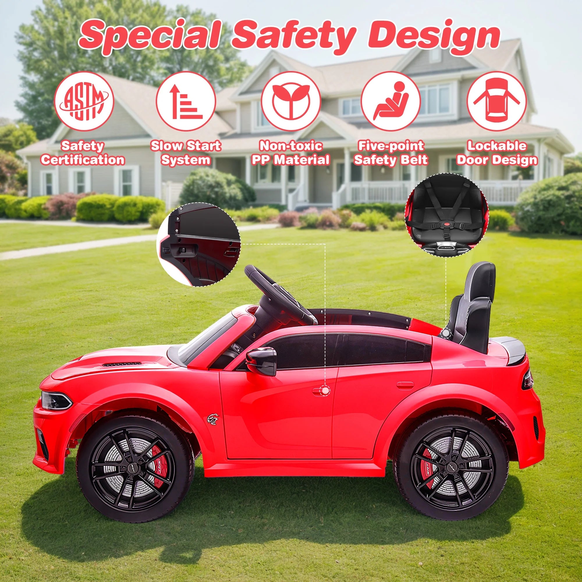 Dodge Electric Ride on Cars for Kids, 12V Licensed Dodge Charger SRT Hellcat Powered Ride on Toys with Parent Remote Control, Electric Car for Girls Boys 3-5 W/Music Player/Led Lights, Red