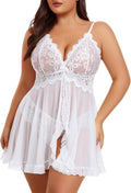 plus Size Lingerie for Women Sexy Open Front Lace Babydoll Dress | V-Neck Sleepwear,Sheer Mesh Lingerie Dress,Nightgown Thong 2 Piece,Chemise Strap Nightdress,Wedding for Bride,Valentines Day