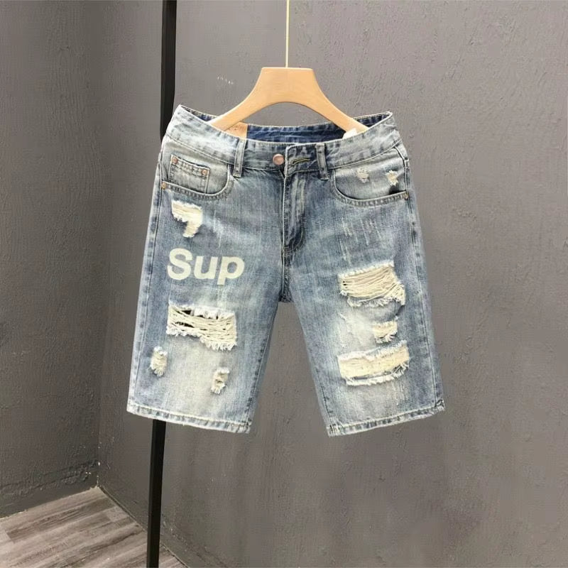 Fashion Vintage Korean Men'S Summer Denim Shorts with Distressed Holes Slim Fit Distressed Holes Designer Luxury Clothing Men