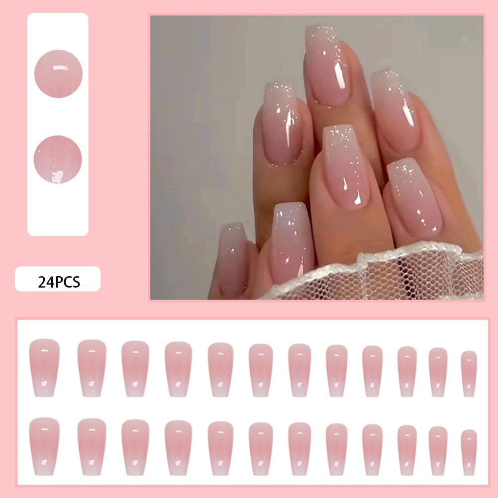 Long Press on Nails Square Fake Nails Pink Ombre Glue on Nails Coffin Press on Nails False Nails with Glossy Glitter Powder Designs Nails Press on Artificial Nails Stick on Nails for Women Girls 24Pcs