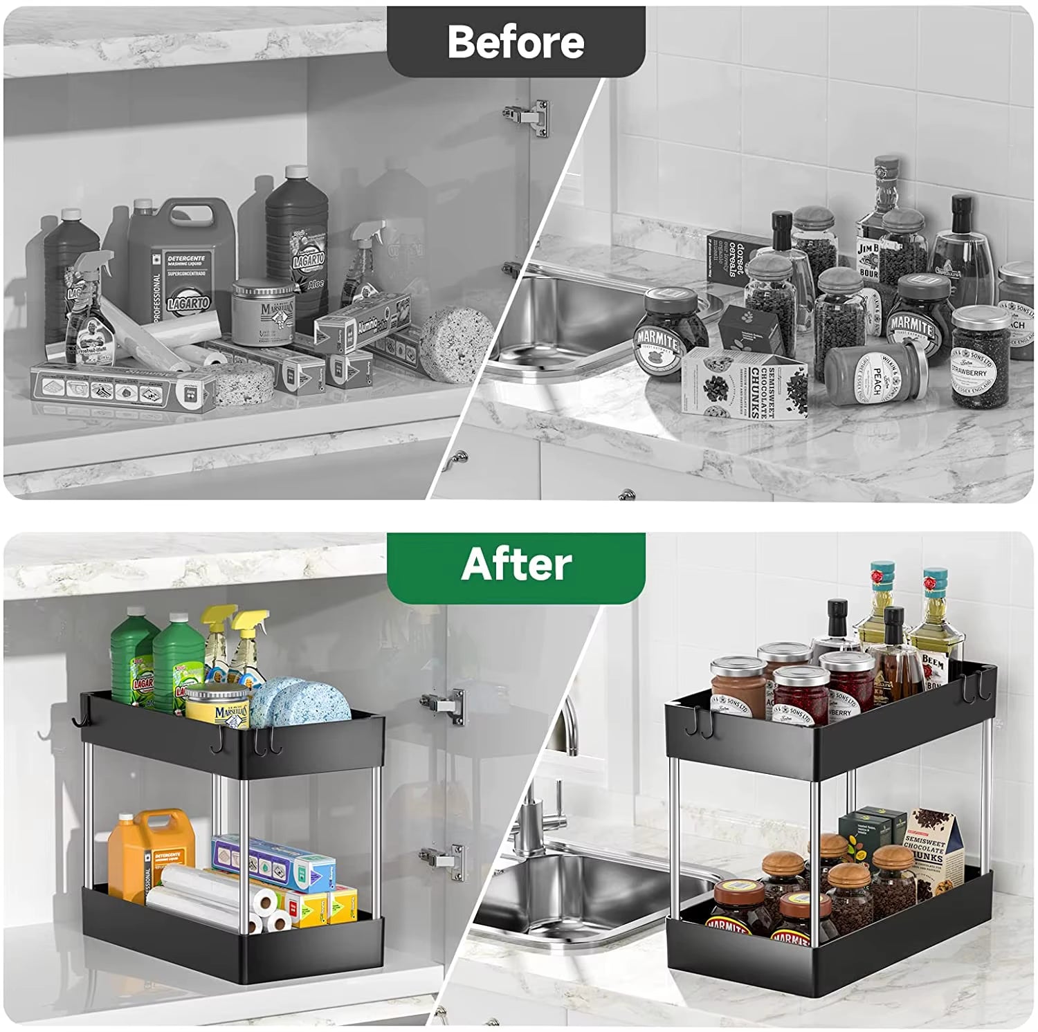 1/2 Pcs under Sink Storage Organizer 2 Tier Drawer Multipurpose Rack Cabinet under Sink Storage Rack Bathroom Kitchen Organizer