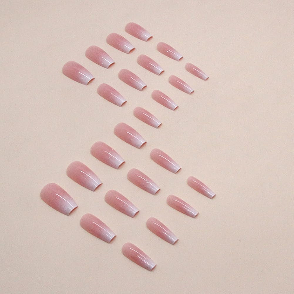 Long Press on Nails Square Fake Nails Pink Ombre Glue on Nails Coffin Press on Nails False Nails with Glossy Glitter Powder Designs Nails Press on Artificial Nails Stick on Nails for Women Girls 24Pcs
