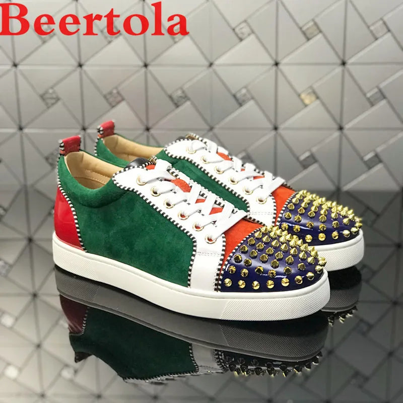 Mixed Color Men'S Casual Flats Shoes Patchwork Spikes Head Lace up Flock Luxury Brand Men Shoes Leisure Style Men Shoes