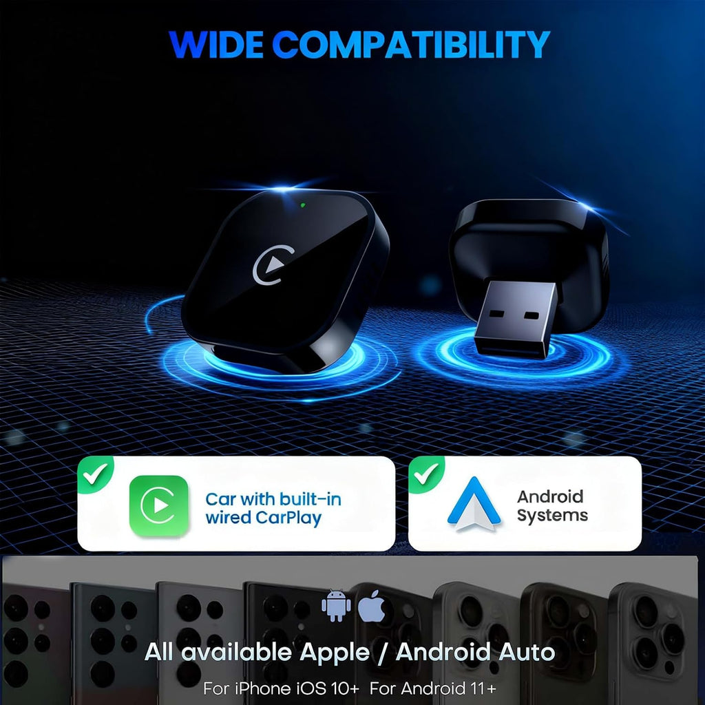 Wireless Carplay Adapter for Apple Iphone & Android, 2-In-1 | Fast Auto-Connect, Stable Connection, Mini Size Plug，Apple Iphone & Android, 2-In-1 Adapter, Convert Wired to Wireless Dongle