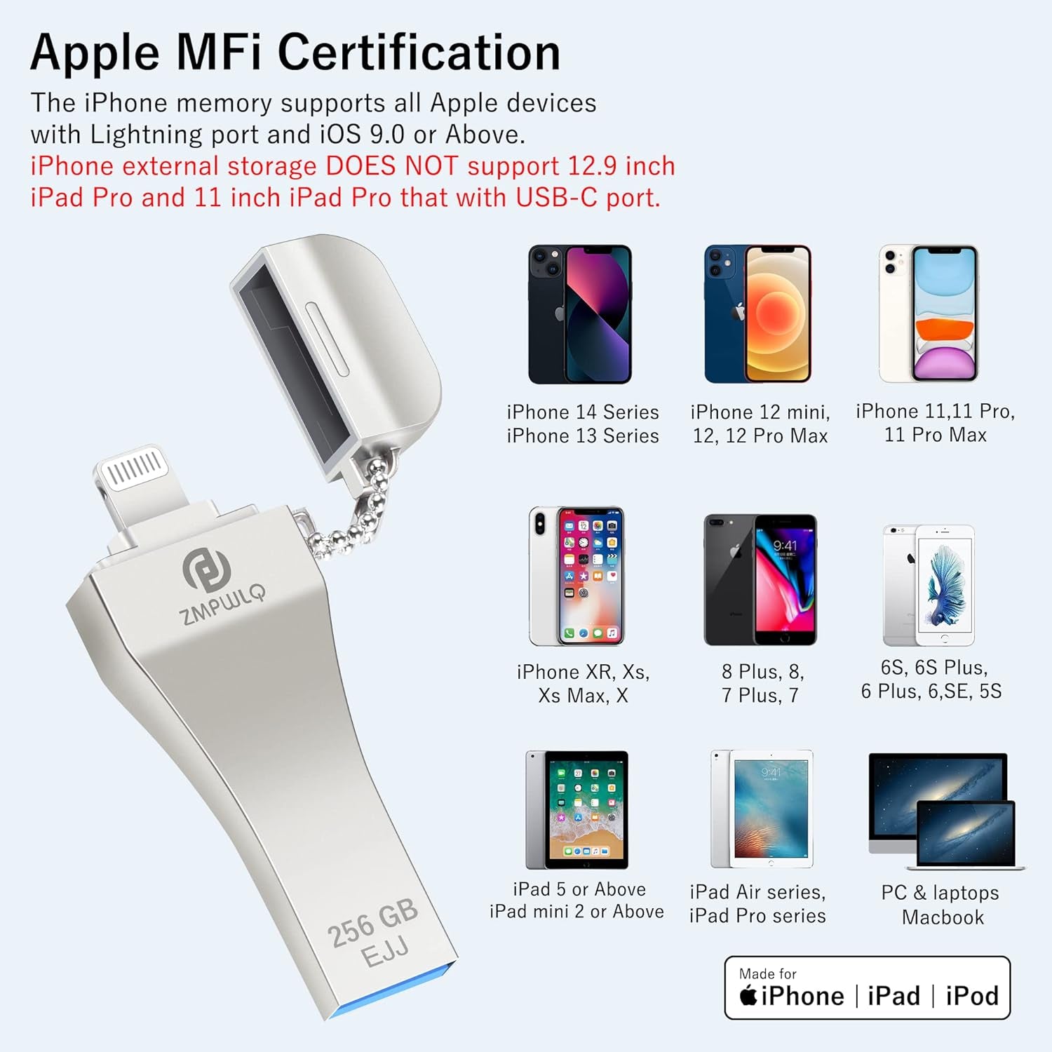 Photo-Stick for Iphone/Ipad 256GB - Apple Mfi Certified External Storage - USB Flash Drive for Backup & Transfer