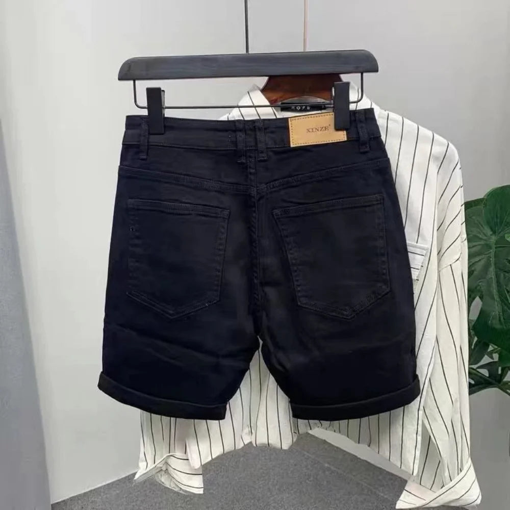 New Arrival Korean Style Clothes Cowboy Luxury Men'S Slim Denim Jeans for Summer Fashion 2023 Black Leather Patch Jeans Shorts