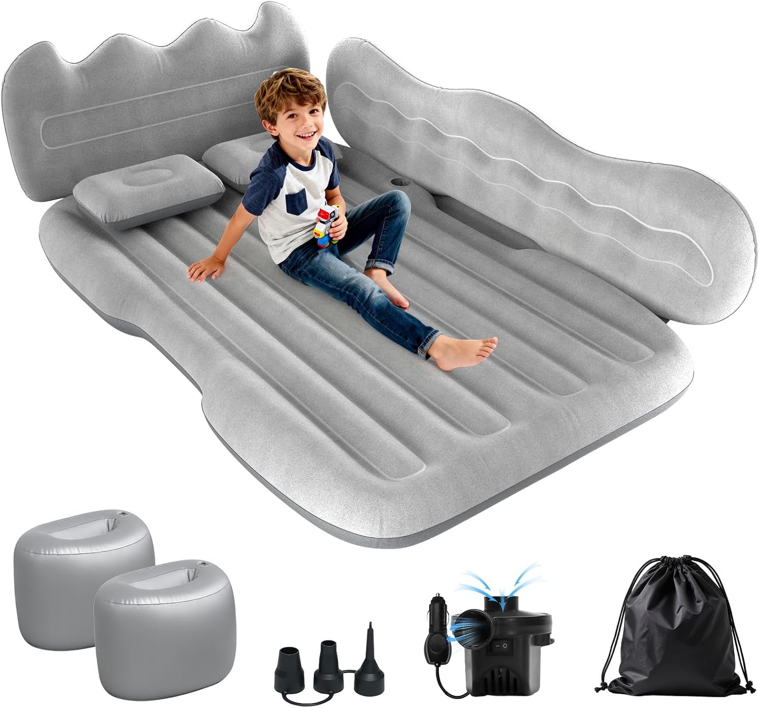 Thickened Inflatable Car Mattress for Back Seat - SUV Air Mattress Bed for Camping & Road Trips, Portable Car Blow up Mattress with Cup Holder, 2 Pillows & Carry Bag - Grey
