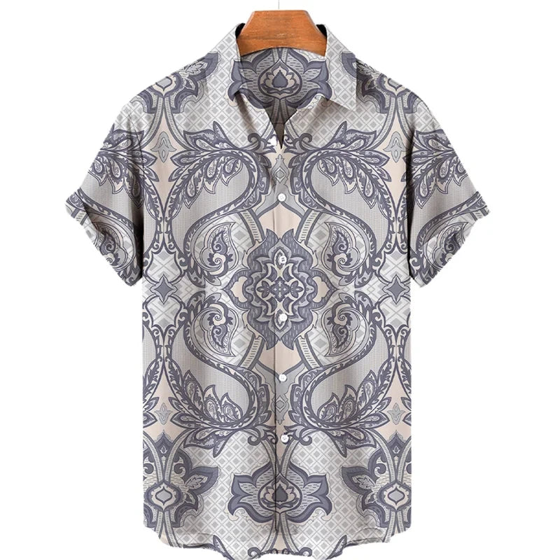 Luxury Baroque Style Shirt for Men Clothing 3D Printed Hawaiian Beach Shirts Short Sleeve Y2K Tops Vintage Lapel Man Clothes