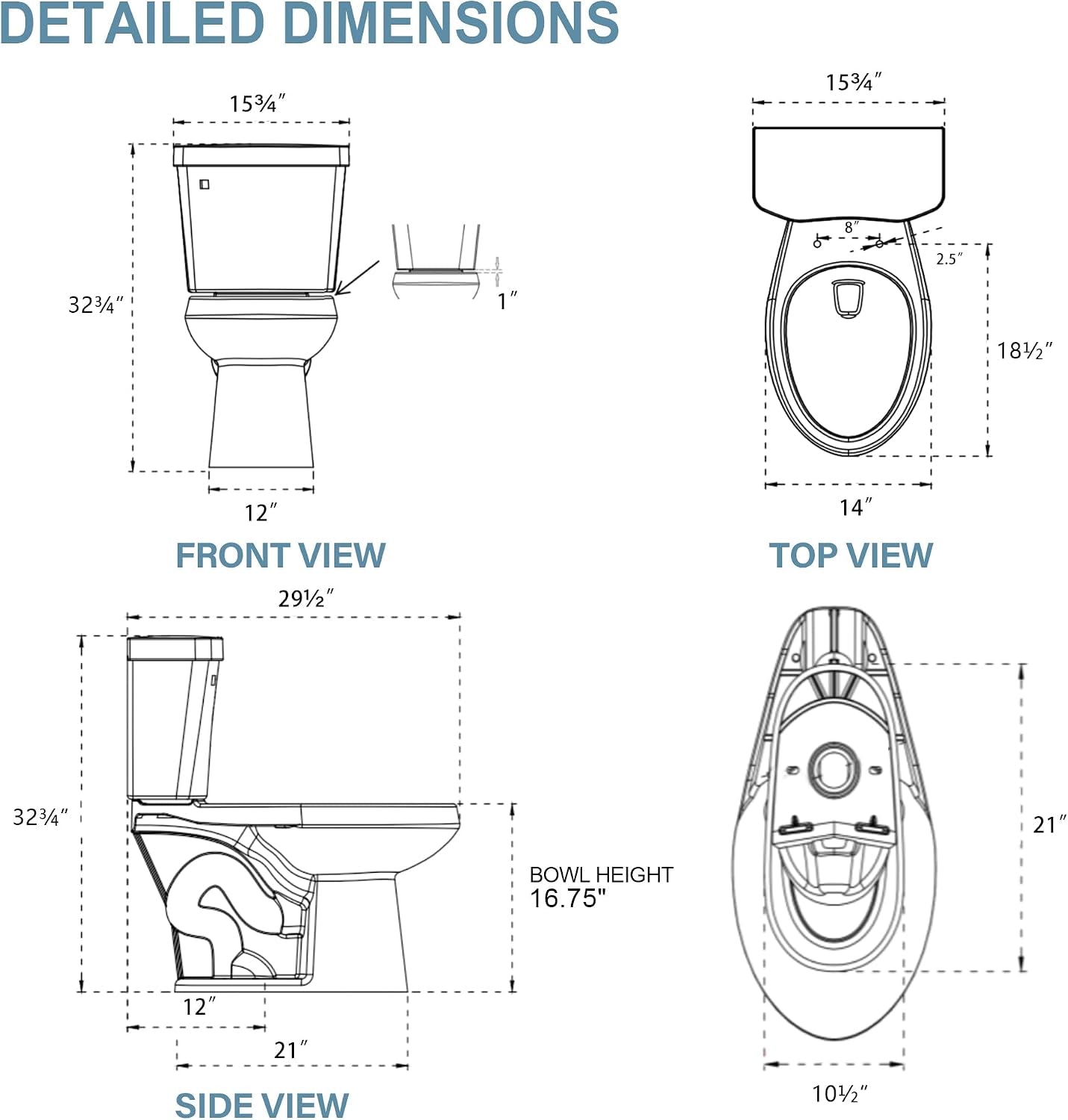 17.5 Inch ADA Elongated Tall Toilet for Seniors 1.28 GPF White | Two Piece Single Flush High Toilet for Bathroom, Comfort Bowl Height 16.75", 12" Rough In