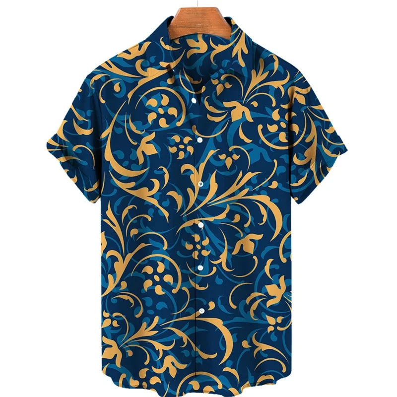 Luxury Baroque Style Shirt for Men Clothing 3D Printed Hawaiian Beach Shirts Short Sleeve Y2K Tops Vintage Lapel Man Clothes
