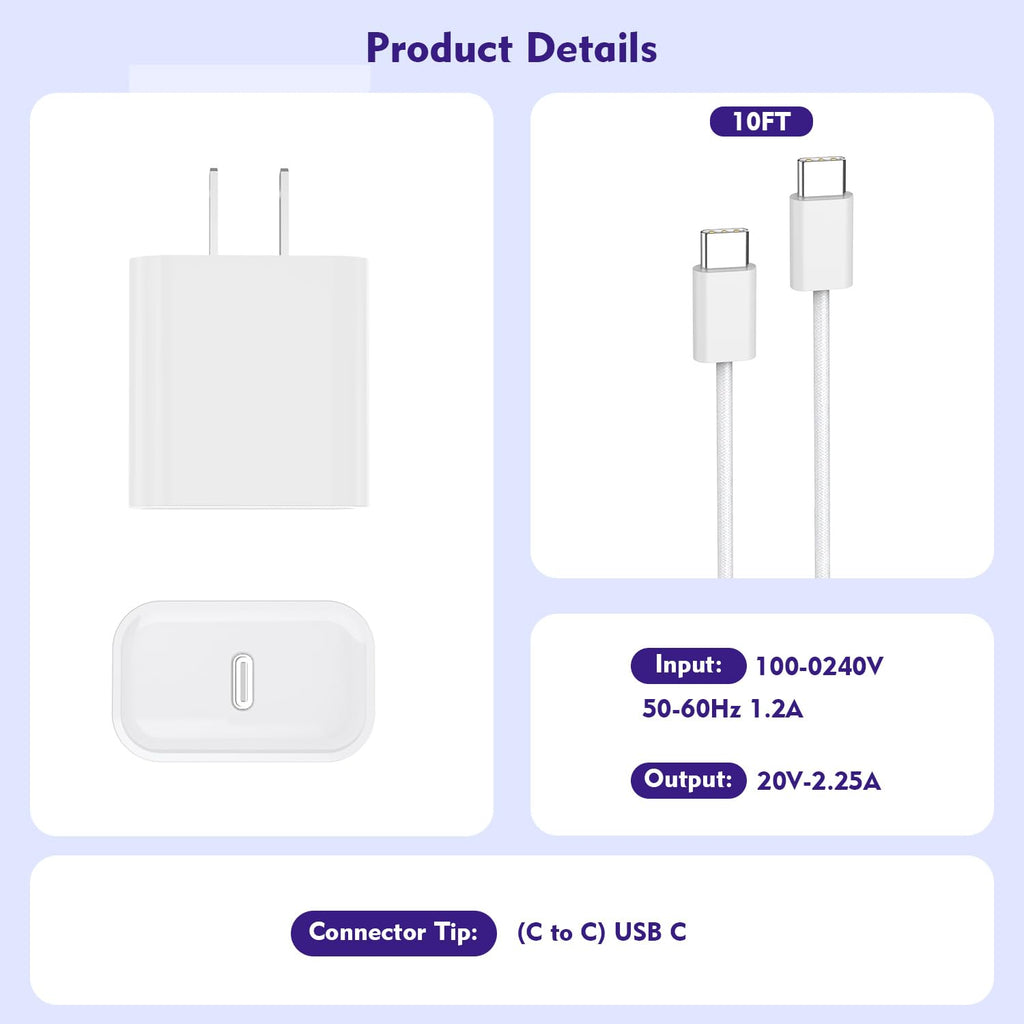 [3 Pack]Long 10FT Iphone 17 16E 15 Charger 20W Fast Wall Charger Block,10Foot USB C to C Braided Woven Cable Fast Charging for Iphone 17 Air/17 Pro/16 Pro/16 Pro Max/16 Plus/15/15 Plus/15 Pro Max/Ipad