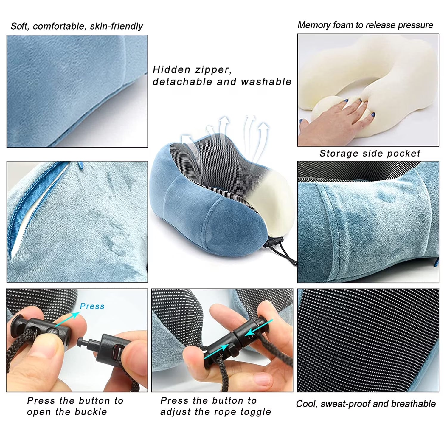 . Comfortable Memory Foam Travel Pillow, Grey
